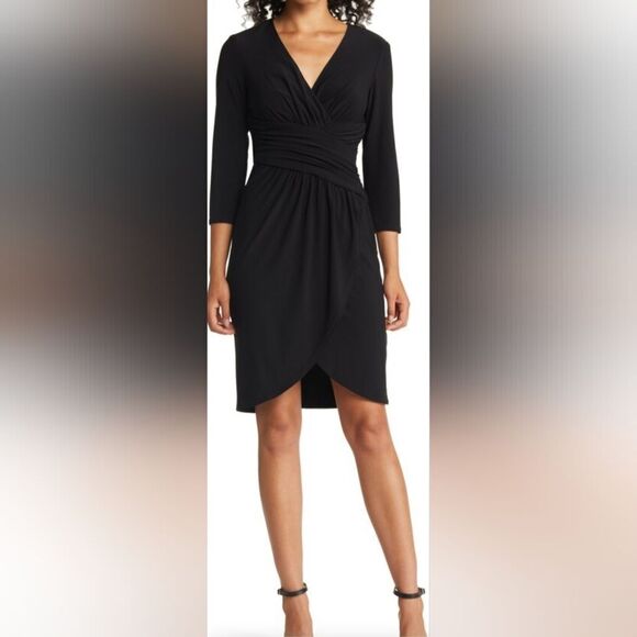 Eliza J Wrap Front Tulip Hem Cocktail Dress NWT size 8 Black - Picture 1 of 5
